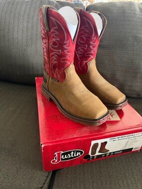 Justin Boots Tan Foot with Red Embroidered Shaft Western Work Boots